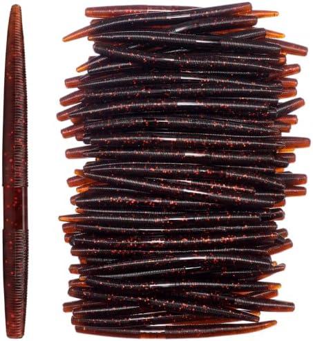 Vinsot 200 Pack Soft Plastic Bass Fishing Lures, 5" Classic Worm Stick Baits for Wacky Texas Carolina Rig, Worms with Brown Red Flakes for Bass Trout Fishing Freshwater Saltwater(Brown Red Flake) by Vinsot