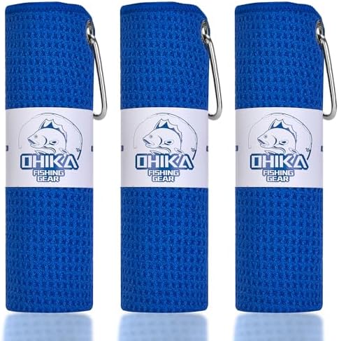 Microfiber Fishing Towels with Clip, Waffle Pattern for Effective Cleaning of Fishing Gears or Dirty Hands, 16” x 16”, Camping Towels, Hiking Towels, Pack of 3 (Blue) by OHIKA