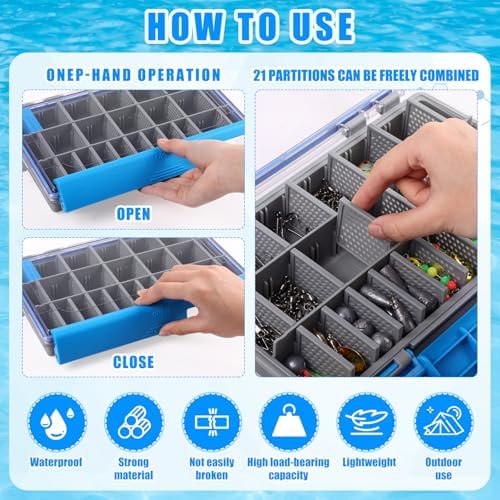 Junkin 6 Pack 3600 Fishing Tackle Boxes Waterproof, High-vis Blue Lure Organizer Trays with Removable Dividers, Airtight Bait Storage Case for Bass Fishing Backpacks & Kayak Gear Accessories - Image 4
