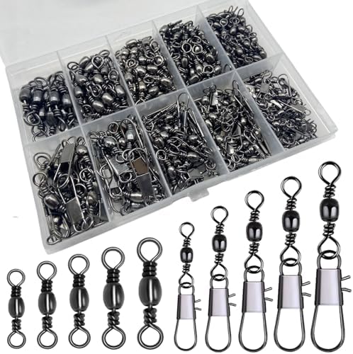 260Pcs/Box with Stainless Steel Fishing Barrel Swivels 150Pcs /Barrel Swivels with Snaps 110Pcs Mix,High Strength Connector for Quick Change Fishing Lure or Line Tackle Saltwater Freshwater by DAMIDEL