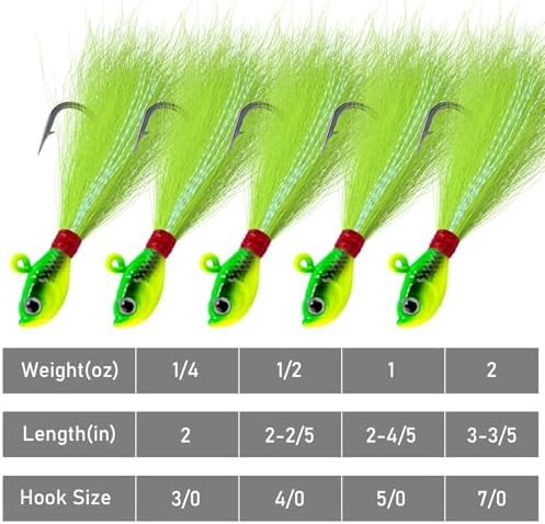 Alwonder 5-Pack Bucktail Jigs Hair Jigs Saltwater Freshwater Fishing Bucktail Lures Surf Fishing Jig Heads White Luminous Chartreuse Swimbait Jig for Bass Flounder Striper Bluefish Halibut Redfish - Image 7
