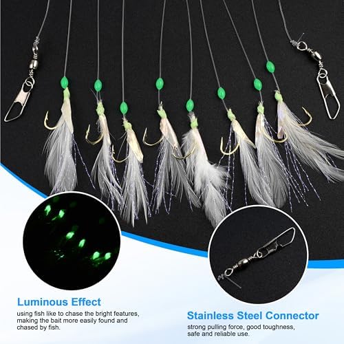 Fishing Bait Rigs Saltwater Surf Fishing Lures Bait Rig with Real Fish Skin Glow Beads Sharp Hooks Swivels Surf Fishing Rigs Sea Bass Cod Herring Hook Rig Size 4 6 8 - Image 4