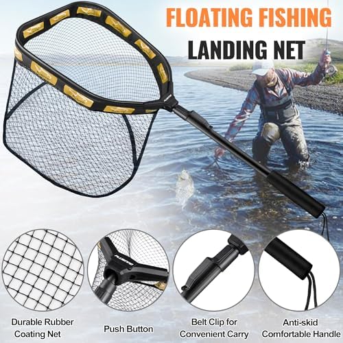 PLUSINNO Floating Fishing Net for Steelhead, Salmon, Fly, Kayak, Catfish, Bass, Trout Fishing, Rubber Coated Foldable Landing Net with Fixed or Telescoping Pole Handle, Fishing Gear and Gifts for Men - Image 2