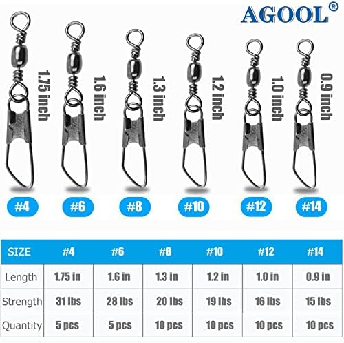 AGOOL Barrel Swivel Snap Kit - 50pcs Barrel Swivels with Safety Snaps High Strength Fishing Quick Connect Snap Swivels with Solid Ring Fishing Tackle Accessories Box Kit Size 4#,6#,8#,10#,12#,14# - Image 3