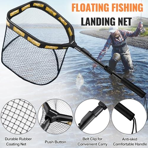 PLUSINNO Floating Fishing Net for Steelhead, Salmon, Fly, Kayak, Catfish, Bass, Trout Fishing, Rubber Coated Foldable Landing Net with Fixed or Telescoping Pole Handle, Fishing Gear and Gifts for Men - Image 2