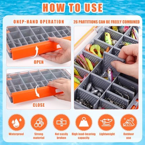 Junkin 6 Pack 3700 Fishing Tackle Boxes Waterproof, Large Orange Lure Organizer Trays with Custom Dividers, Airtight Tackle Storage Case for Saltwater Baits, Swimbaits & Boat Bag Accessories - Image 4