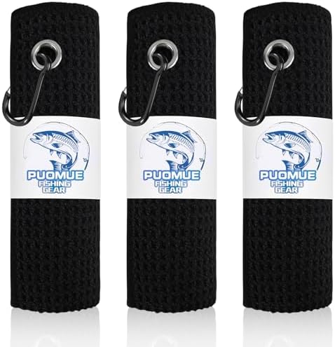 Puomue 3 Pack Microfiber Fishing Towels with Clip, 16" x 16", Waffle Pattern for Effective Cleaning of Fishing Gears or Dirty Hands, Perfect for Camping Towels and Hiking Towles (Black, 16"x16") by Puomue