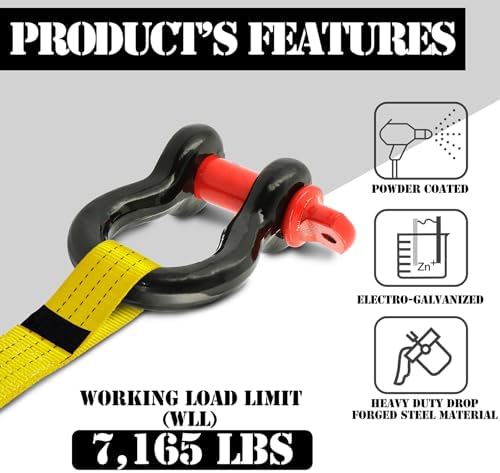 5/8" D Ring Shackle with 3/4" Screw Pin, 3.25T Working Load Limit (WLL) / 19.5T (42,990 lb) Minimum Breaking Strength (MBS) for Tow Strap Winch, Off-Road Vehicle Recovery (Black/Red, 4 Pack) - Image 2