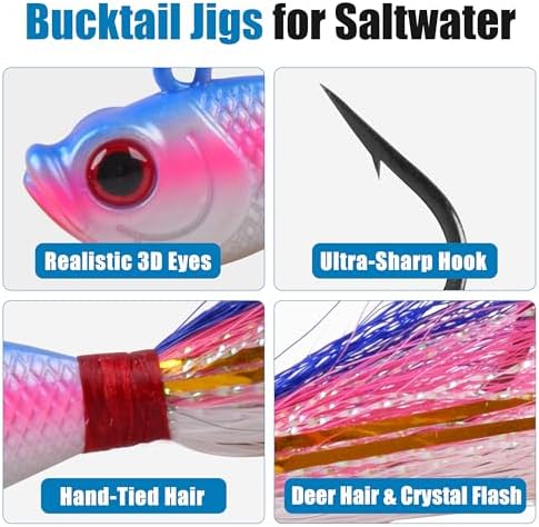 Bucktail Jigs Saltwater Fishing Lures, 5pcs Premium Bucktail Hair Jigs Head Saltwater Striper Lures for Bass Flounder Bluefish Halibut Redfish Surf Fishing 1/4oz 1/2oz 1oz 1.5oz 2oz - Image 2
