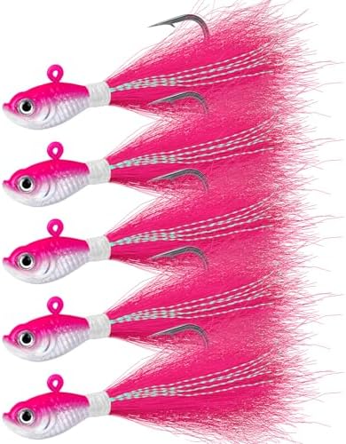 Alwonder 5-Pack Bucktail Jigs Hair Jigs Saltwater Freshwater Fishing Bucktail Lures Surf Fishing Jig Heads White Luminous Chartreuse Swimbait Jig for Bass Flounder Striper Bluefish Halibut Redfish by Alwonder