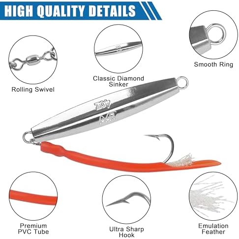 Diamond Jigs Saltwater Fishing Lures,Casting Jigging Spoon with Split Tube Tail Stainless Steel Hook Metal Jig Spoon Baits for Deep Sea Offshore Surf Fishing Bottom Sinking - Image 3