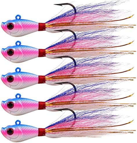 Bucktail Jigs Saltwater Fishing Lures, 5pcs Premium Bucktail Hair Jigs Head Saltwater Striper Lures for Bass Flounder Bluefish Halibut Redfish Surf Fishing 1/4oz 1/2oz 1oz 1.5oz 2oz by OROOTL