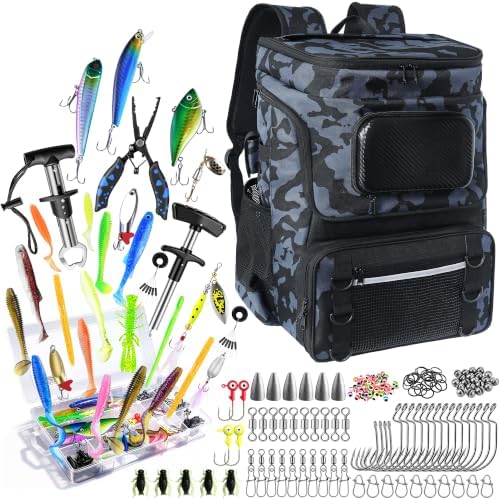 Fishing Backpack with Rod Holder and Tackle Boxes, Cooler, Large 50L Fishing Gear Bag with 139 Fishing Lures Kit, Fish Tool Set, Fish Gifts for Men Woman-Camo Backpack by Skaitufollowus