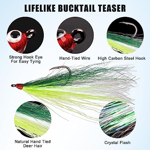 Fishing Bucktail Teaser Hooks,5pcs Saltwater Fishing Jig Teaser Lures with Carbon Steel Hooks Crystal Flash Flounder Rigs for Salmon Trout Sea Bass Steelhead - Image 2
