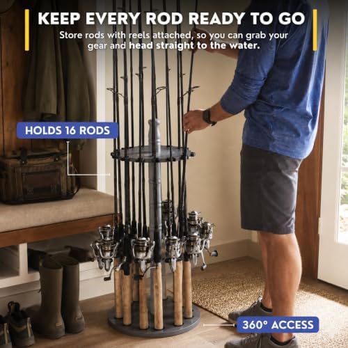 Rush Creek Creations 16-Rod Round Fishing Rod Holder for Garage, 360° Access Fishing Pole Holder for Fishing Rods, Reels, and Gear, Securely Holds 16 Rods, Barnwood - Image 2