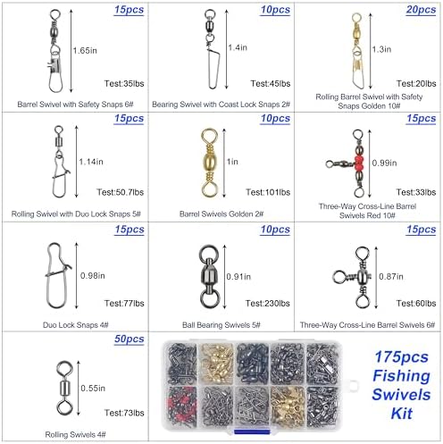 175pcs Fishing Swivels Snaps Kit - Ball Bearing Barrel Swivel 3 Way Swivels Fishing Tackle Line Connector Terminal Accessories Tackle Box for Lures Sinkers - Image 2
