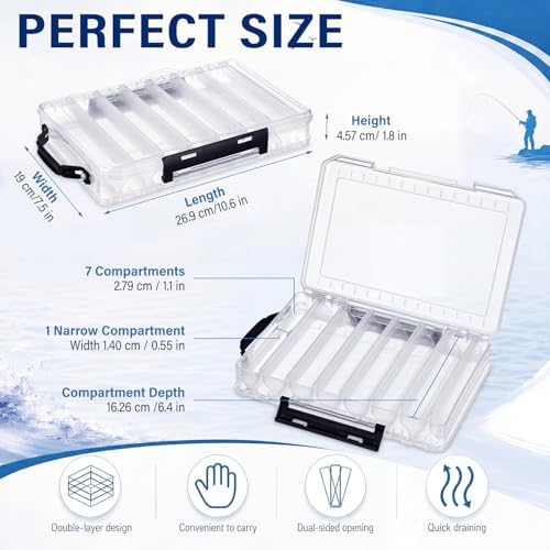 2 Pack Double Sided Fishing Lure Boxes 14 Compartments Waterproof Fishing Tackle Box Organizer with Handle, Portable Clear Hard Bait Storage Case for Jerkbait, Minnows & Hooks (White) - Image 2