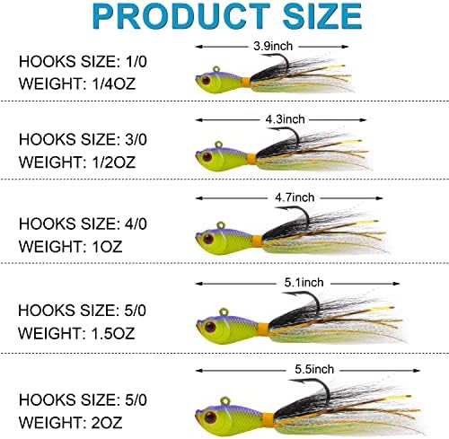 Bucktail Jigs Saltwater Hair Jig Lures, 5pcs Bucktail Jigs Fishing Lures Surf Fishing Jig Head Swimbait Jig Hook for Bass Flounder Striper 1/4oz 1/2oz 1oz 1.5oz - Image 3
