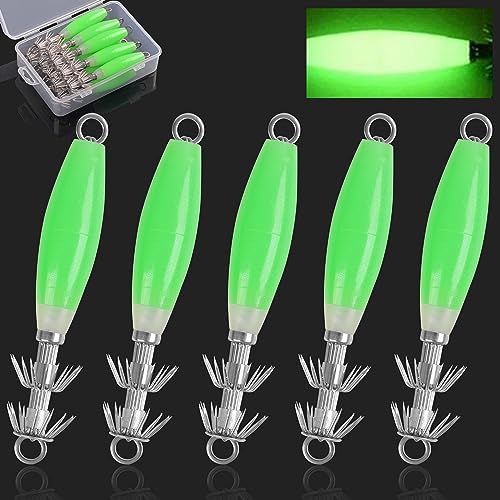 Luminous Squid Jig Hooks Saltwater Glow Squid Jigs Fluoresent Cuttlefish Sleeve Fishing Jigs Squid Hard Night Fishing Bait Octopus Lure Glow in Dark Green Color by AGOOL