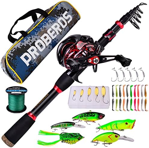 Fishing Rod and Reel Combo, 6.9ft Carbon Fiber Telescopic Fishing Pole with Spinning/Baitcasting Reel Combos, Sea Saltwater Freshwater Ice Bass Fishing Tackle Set Fishing Rods Kit by Proberos