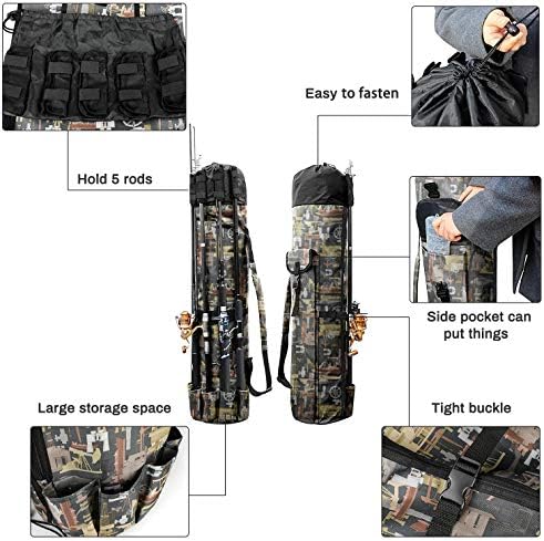 Allnice Durable Canvas Fishing Rod & Reel Organizer Bag Travel Carry Case Bag- Holds 5 Poles & Tackle - Image 2