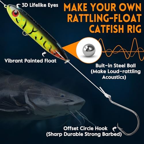Catfish Rig Catfishing Tackle Making Kit Santee Cooper Rig with Catfish Floats Rattling Line Float Lures Peg Float Bobbers Catfish Hooks Swivels Catfish Sinker Weights Fishing Rattle Bells - Image 4