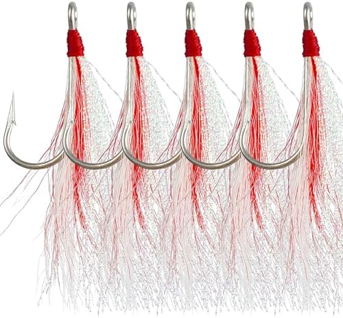 Bucktail Teaser Fishing Hooks,5pcs Saltwater Flounder Rig Stainless Steel Fishing Jig Hooks Bucktail Mylar Flash Teasers Inserted for Striper Catfish Cod Flounder Hi/Lo Rig by SILANON
