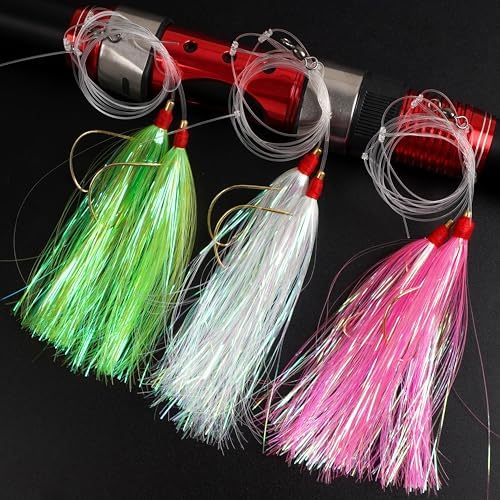 Fishing Teaser Rigs Saltwater, 3/6 Pack Flounder Rigs Hand Tied Sea Bass Hi Lo Rig Fishing Bait Rigs Multicolor Mylar Bucktail Teasers Rig for Flounder Fluke Halibut Sea Bass - Image 7