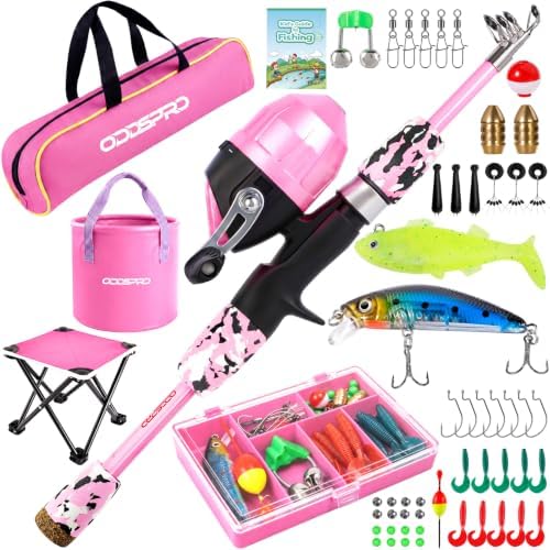 ODDSPRO Kids Fishing Pole - Portable Kids Fishing Rod and Reel Combo, Kids Fishing Gear with Tackle Box, Spincast Reel, Collapsible Chair and Bucket, Fishing Pole for Kids Boys Girls Toddler Youth 3+ by ODDSPRO