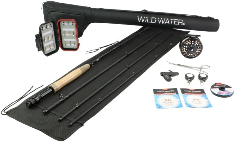 Wild Water Fly Fishing Combo Starter Kit with CNC Machined Fly Reel, 9 Foot, 4-Piece, 5/6-Weight Graphite Fly Rod with Cork Handle, Accessories, Carrying Case, Fly Box Case & Fishing Flies by WildWater