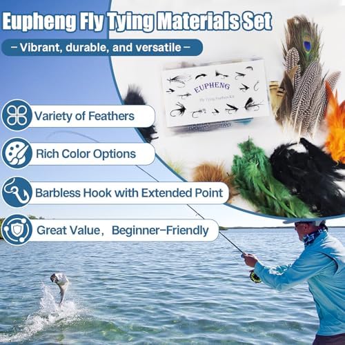 EUPHENG Fly Tying Materials Kit 14 Types of Feathers, Dubbing & Hooks, UV Dyed Hackle Feathers Starter kit for Tying Fly Fishing Flies, Perfect for Tails & Wings, Easy to Tie Fly Tying Kit - Image 4