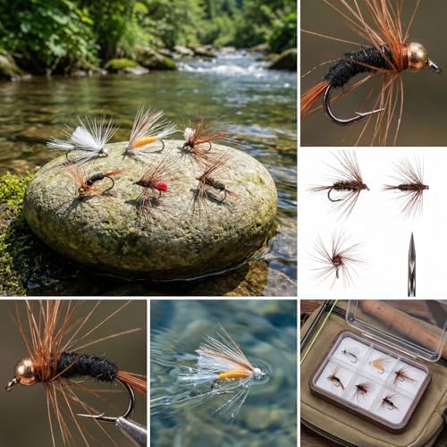 Outus 90 Pcs Fly Fishing Flies Kit Assortment for Trout Bass Salmon - Hand Tied Dry Wet Nymph Streamer Flies Set with 6 Classic Patterns & Sizes #10#12#14, Fly Box Refill Fishing Lures Sets Tackle - Image 5