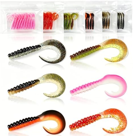 1/2/3/4/5in Curly Tail Grub Soft Swimbait Crappie Bass Lure Kit Bulk Pack by Houderrong
