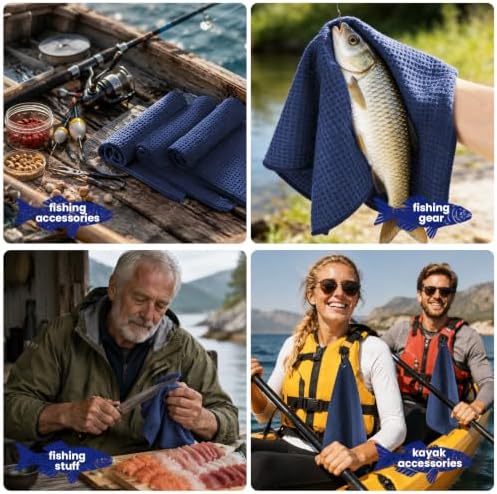 Puomue 3 Pack Microfiber Fishing Towels with Clip, 16" x 16", Waffle Pattern for Effective Cleaning of Fishing Gears or Dirty Hands, Perfect for Camping Towels and Hiking Towles (Blue, 16"x16") - Image 4