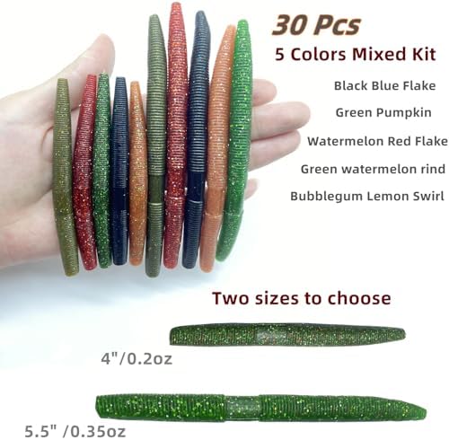 30 Pcs 5.5" /0.35oz,4"/0.2oz Senko Wacky Worms Soft Fishing Lures，Classics/Soft,5 Colors Mixed Kit Plastic Worm Stick Baits for Bass Freshwater Saltwater Fishing - Image 2