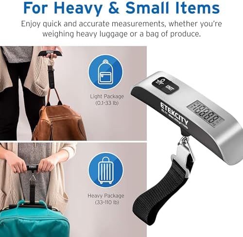 Etekcity Luggage Scale, Travel Essentials, Digital Suitcase Weight Scales for Travel Accessories, Hanging Baggage Scale with hook, 110 Pounds, Battery Included, Silver - Image 4
