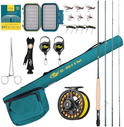 SF Fly Fishing Rod Combo Starter Kit Semi Gloss Green Jade Finish 24T Carbon Fiber Trout Travel Fly Rod with Reel,Fly Rod case,Fly Box , Flies,Tapered Leader,Knot Tying Tools by SUNSHINEFISHING