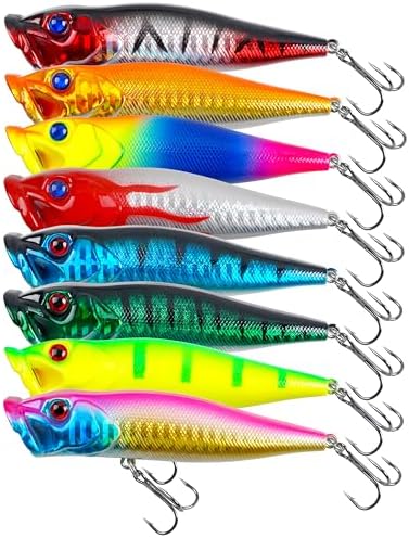 Popper Lures, 8pcs Topwater Fishing Lures Bass Fishing Hard Baits by OROOTL