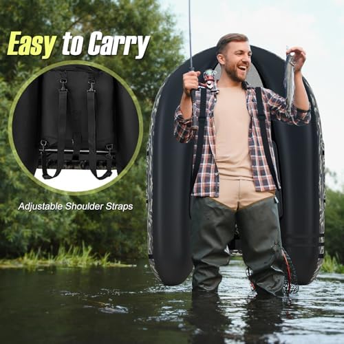 GYMAX Fishing Float Tube, 350lbs Inflatable Fishing Boat with Paddle, Pump, Flippers, Fish Hook Stators, Fish Ruler, Storage Pockets, Portable Backpack Belly Boat for Adults Fishing - Image 4