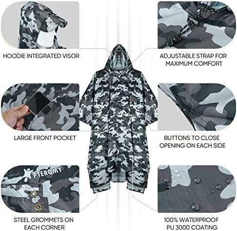 PTEROMY Hooded Rain Poncho for Adults, Reusable Waterproof Raincoat - Image 2