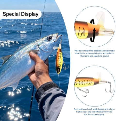Popper Top Water Fishing Lure: Whopper Fishing Lures with Floating Rotating Tail Barb Treble Hooks Saltwater Freshwater for Bass - Image 4