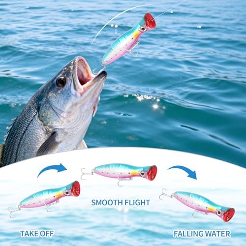 Large Top Water Popper Lure: 2pcs 3D Eyes Tuna Popper Saltwater Fishing Lures for Surf Fishing Gt Tuna Kingfish Large Predator Fish - Image 6