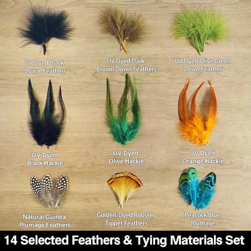 EUPHENG Fly Tying Materials Kit 14 Types of Feathers, Dubbing & Hooks, UV Dyed Hackle Feathers Starter kit for Tying Fly Fishing Flies, Perfect for Tails & Wings, Easy to Tie Fly Tying Kit - Image 2