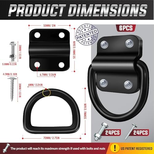 PAMAZY 6PCS 3500lbs Heavy-Duty Steel D-Rings Tie-Down Anchors Ultra-Durable - Image 3