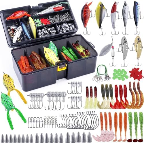 PLUSINNO Fishing Lures Fishing Tackle Box Fishing Gifts for Men, Bass, Trout Fishing Accessories Kit for Saltwater & Freshwater Fishing Gear Including Topwater Lures, Hooks, Spinnerbaits by PLUSINNO