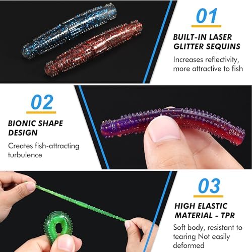 PLUSINNO Wacky Worm Fishing Lure Kit, Soft Plastic Fishing Lures, Grub Baits Hook Wacky Rig Bass Trout Fishing Worms Lures w/Tackle Box - Image 3