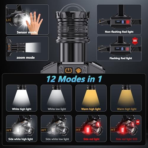 LED Headlamp Rechargeable, 99000 Super Bright White/Red/Warm Light Head Lamp with Motion Sensor & 95H Runtime & IPX7 Waterproof,90° Adjustable Headlight for Outdoor, Hard Hat - Image 3