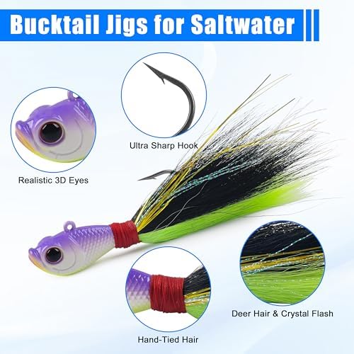 Bucktail Jigs Saltwater Fishing Lures Surf Bucktail Hair Fishing Jigs Swimbait Jig Heads for Freshwater Saltwater Bass Flounder Striper Bluefish Halibut Redfish - Image 2