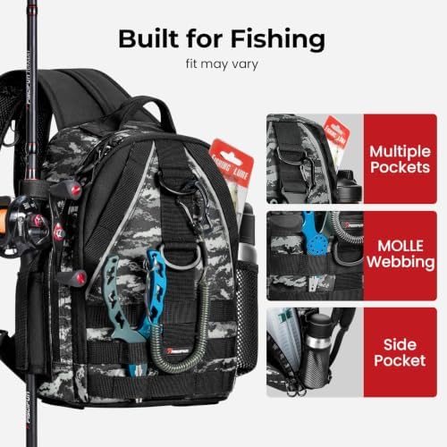 Piscifun Fishing Backpack, Rod Holders, Lightweight Sling Bag, Black Camo - Image 4