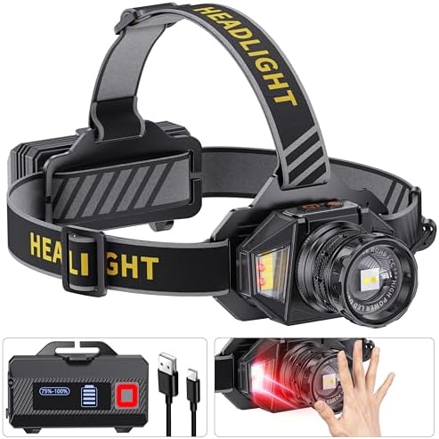 LED Headlamp Rechargeable, 99000 Super Bright White/Red/Warm Light Head Lamp with Motion Sensor & 95H Runtime & IPX7 Waterproof,90° Adjustable Headlight for Outdoor, Hard Hat by Overview